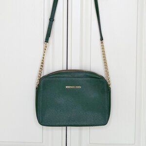 Michael Kors Green Saffiano Leather Crossbody Bag Gold Chain Strap